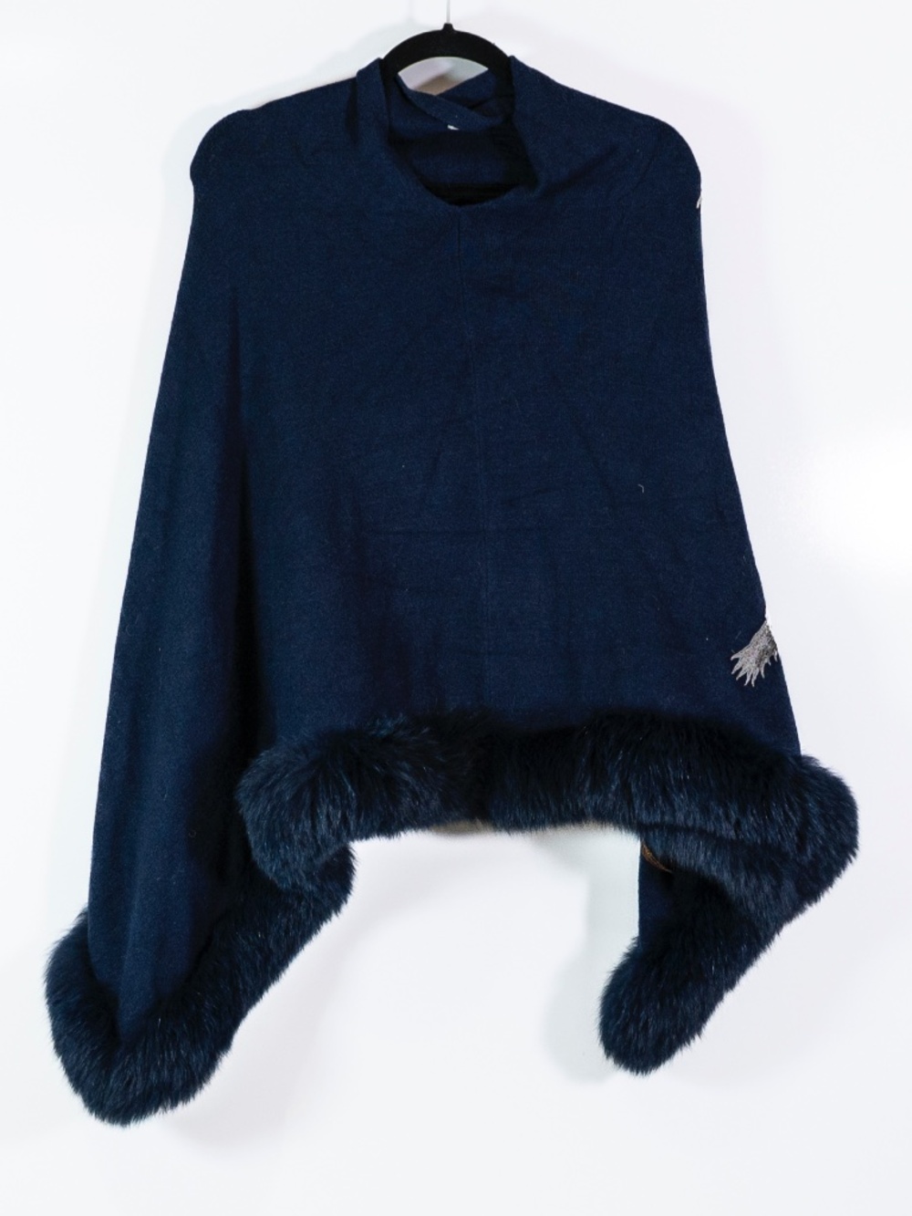 La Fiorentina Genuine Fox Fur Trim Knit Stretch Bird Embroidered Poncho Sweater